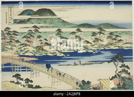 Brücke an Togetsu Arashiyama in Yamashiro (Provinz Yamashiro Arashiyama keine Togetsukyo), aus der serie ungewöhnlich, einen Blick auf die berühmten Brücken in verschiedenen Provinzen (Shokoku meikyo Kiran), C. 1833/34, Katsushika Hokusai 葛飾 北斎, Japanisch, 1760-1849, Japan, Farbe holzschnitt, Oban Stockfoto