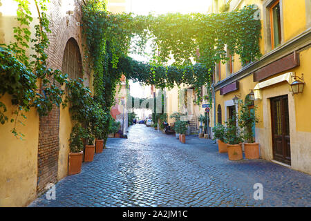 Alte Straße in Trastevere, Rom, Italien. Gemütliche alte Straße im Viertel Trastevere in Rom, typische Architektur und Wahrzeichen der Stadt. Stockfoto