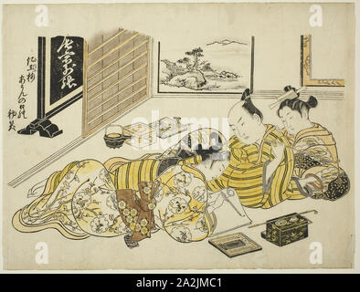 Ein Mann und eine Kurtisane Beobachten ein junger Mann schreiben, erstes Blatt des Albums Berge von gefärbt Farbe, Muster der Schlafzimmer (Someiro no Yama neya keine hinagata), C. 1739, Okumura Masanobu, Japanisch, 1686-1764, Japan, Handkolorierter Holzschnitt, Oban, sumizuri-e, 27,6 x 36,6 cm Stockfoto