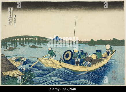 Anzeigen Sonnenuntergang über der Ryogoku Brücke von der Onmaya Damm (Onmayagashi yori Ryogokubashi sekiyo o Miru), aus der Serie 36 Ansichten des Berges Fuji (Fugaku sanjurokkei), C. 1830/33, Katsushika Hokusai 葛飾 北斎, Japanisch, 1760-1849, Japan, Farbe holzschnitt, Oban, 10 x 14 cm Stockfoto