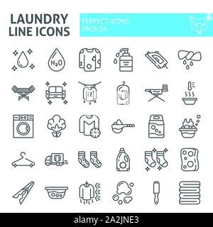 Wäscheservice line Icon Set, Waschmaschine Symbole Sammlung, Vektor logo Skizzen, Illustrationen, Hausarbeit Zeichen lineare Piktogramme Paket isoliert auf weißem Stock Vektor