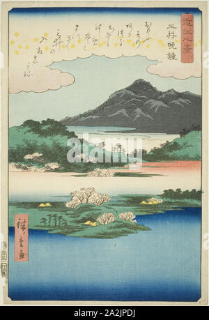 Abend Glocke an Mii Tempel (Mii bansho), aus der serie Acht Ansichten der Oblaten von der Makellosen Jungfrau Maria (OMI) hakkei, 1857, Utagawa Hiroshige 歌川 広重, Japanisch, 1797-1858, Japan, Farbe holzschnitt, Oban, 35 x 24 cm (13 3/4 x 9 7/16 in Stockfoto