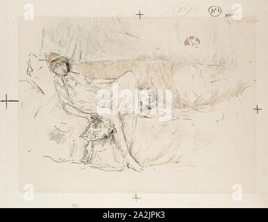 Drapierte Figur, liegend, 1892, James McNeill Whistler, American, 1834-1903, Usa, Transfer Lithographie von fünf Steinen, in Schwarz. (Keystone), blau-grün, oliv, gelb-grün, gelb, violett-Braun, Ocker, orange-rot, Rose auf Elfenbein webte Papier, 180 x 258 mm (Bild), 218 x 285 mm (mit vier Ausrichtungsmarkierungen und Farbe NOTATIONEN), 278 x 367 mm (Blatt Stockfoto