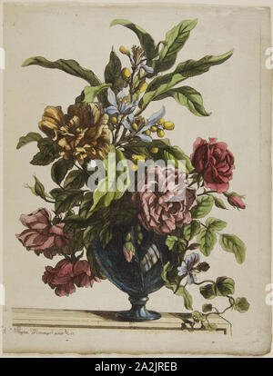 Vase mit Blumen, 1660, Jean Baptiste Monnoyer, Französisch, 1636-1699, Frankreich, Radierung in Schwarz, mit hand-Färbung, auf Elfenbein Papier, 280 x 216 mm (Platte), 300 x 230 mm (Blatt Stockfoto