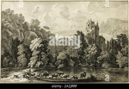 Landschaft mit Vieh, n.d., Jacob Cornelis Ploos van Amstel (Niederländisch, 1726-1798), nach Jan Van Der Meer (Niederländisch, 1656-1705), Niederlande, Drucken auf Papier Stockfoto