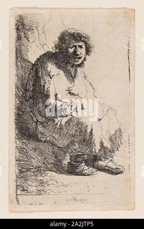 Bettler sitzen auf einer Bank, 1630, Rembrandt van Rijn, niederländischer, 1606-1669, Holland, Ätzung auf Elfenbein Papier, 116 x 69 mm (Platte), 119 x 71 mm (Blatt festgelegt Stockfoto