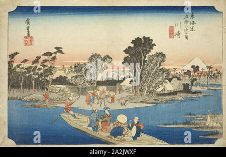 Kawasaki: Die Rokugo Fähre (Kawasaki, Rokugo watashibune), aus der serie Dreiundfünfzig Stationen des Tokaido (Tokaido gojusan tsugi no Uchi), auch als Hoeido Tokaido, C. 1833/34, Utagawa Hiroshige 歌川 広重, Japanisch, 1797-1858, Japan, Farbe holzschnitt, Oban, 25 x 37,7 cm (9 13/16 x 14 13/16 in Stockfoto