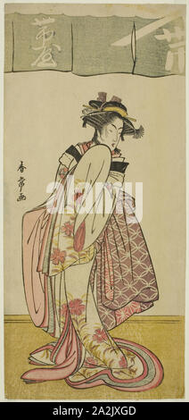 Der Schauspieler Segawa Kikunojo III als Shinanoya Ohan im Spiel Kabuki no Hana Bandai Soga, durchgeführt an der Ichimura Theater im dritten Monat, 1781, C. 1781, Katsukawa Shunjo, Japanisch, gestorben 1787, Japan, Farbe holzschnitt, hosoban, 31,7 x 14,6 cm (12 1/2 x 5 3/4 in Stockfoto