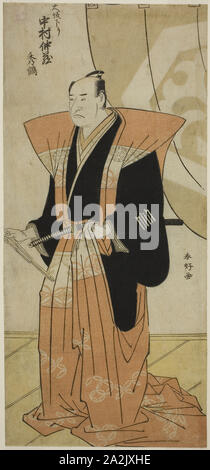 Der Schauspieler Nakamura Nakazo ich Gruß das Publikum nach seiner Rückkehr aus Osaka, C. 1788, Katsukawa Shunko I, Japanisch, 1743-1812, Japan, Farbe holzschnitt, hosoban, 31,7 x 14,1 cm (12 1/2 x 5 9/16 Zoll Stockfoto