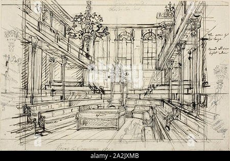 Studie für "House of Commons", vom Mikrokosmos von London, 1807, Charles Augustus Pugin, Englisch, geboren in Frankreich, 1762-1832, England, Stift und brauner Tinte über Graphit, auf Elfenbein webte Papier, 211 × 321 mm. Stockfoto