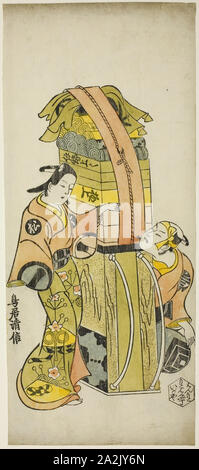 Die Schauspieler Ichikawa Danjuro II als Kamada Matahachi und Ichikawa Monnosuke ich als Hisamatsu im Spiel Osome Hisamatsu Shinju Tamoto keine Shirashibori, durchgeführt an der Morita Theater, 1720, 1720, Torii Kiyonobu I, Japanisch, 1664 - 1729, Japan, Handkolorierter Holzschnitt, hosoban, urushi-e, 35,4 x 15,4 cm (13 7/8 x 5 7/8 in Stockfoto