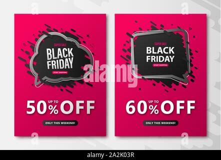 Schwarzer Freitag verkauf Flyer. Rabatt Plakate mit Sprechblasen und die Schrift auf rosa Hintergrund Werbung Shopping, closeout am Thanksgiving Tag Stock Vektor