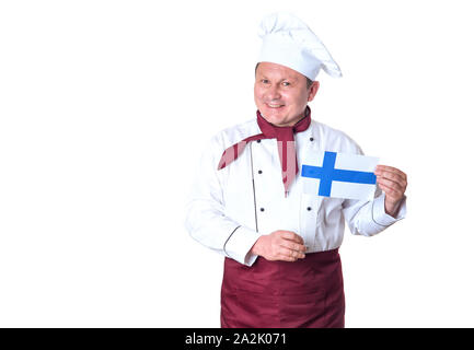 Reife männliche Kochen mit Finnland Flagge isoliert auf einem weißen Hintergrund. Stockfoto