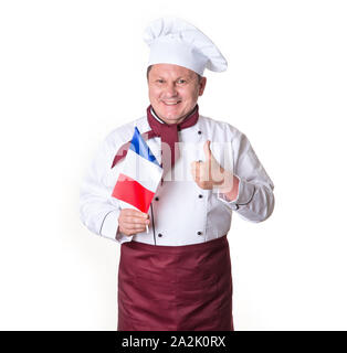 Koch mit einer Flagge von Frankreich auf einem hellen Hintergrund. Portrait gerne kochen im mittleren Alter Mann Daumen nach oben. Stockfoto