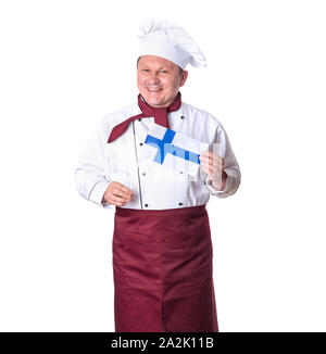 Reife männliche Kochen mit Finnland Flagge isoliert auf einem weißen Hintergrund. Stockfoto