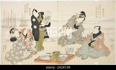 Die Schauspieler Onoe Kikugoro III, Onoe Matsutake III und Iwai Kumesaburo II, C. 1825, Utagawa Kunisada I (Toyokuni III), Japanisch, 1786-1864, Japan, Farbe holzschnitt, shikishiban Diptychon, 22,2 x 38,6 cm (8 3/4 x 15 3/16 in. Stockfoto