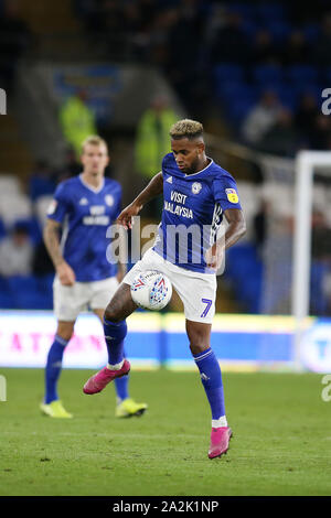 Cardiff, Großbritannien. 02 Okt, 2019. Leandro Bacuna von Cardiff City in Aktion. EFL Skybet Meisterschaft übereinstimmen, Cardiff City v Queens Park Rangers an der Cardiff City Stadion am Mittwoch, 2. Oktober 2019. Dieses Bild dürfen nur für redaktionelle Zwecke verwendet werden. Nur die redaktionelle Nutzung, eine Lizenz für die gewerbliche Nutzung erforderlich. Keine Verwendung in Wetten, Spiele oder einer einzelnen Verein/Liga/player Publikationen. pic von Andrew Obstgarten/Andrew Orchard sport Fotografie/Alamy Live news Credit: Andrew Orchard sport Fotografie/Alamy leben Nachrichten Stockfoto