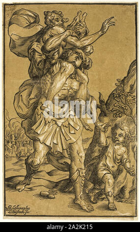 Aeneas, seinen Vater Anchises, 1643, Ludolph Büsinck (1599/1602-1669), nach Georges Tann (Französisch, 1575-1636), Deutschland, Chiaroscuro Holzschnitt aus zwei Blöcken (schwarze Linie block- und Beigetönen Block) auf Elfenbein Papier, 348 x 218 mm (Grenze), 355 x 222 mm (Blatt festgelegt gedruckt Stockfoto