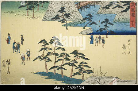 Kameyama-Nr. 47, aus der serie Dreiundfünfzig Stationen des Tokaido (Tokaido gojusan tsugi), auch als reisho Tokaido, C. 1847/52, Utagawa Hiroshige 歌川 広重, Japanisch, 1797-1858, Japan, Farbe holzschnitt, Oban, 21,4 x 34,9 cm (8 5/6 x 13 3/4 in Stockfoto