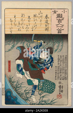 Kinugawa Yoemon, mit Gedicht von Harumichi keine Tsuraki, aus der serie Ogura Versionen der Hundert Dichter (Ogura Hyakunin nazorae Salers-rind), C. 1845/48, Utagawa Kuniyoshi, Japanisch, 1797 - 1861, Japan, Farbe holzschnitt, Oban Stockfoto