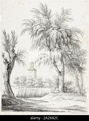 Landschaft mit Kirchturm, 1817, Louis Faure (Französisch, 1785-1879), von Comte de Charles Philibert Lasteyrie du Saillant (Französisch, 1759-1849), Frankreich, Lithographie in Schwarz gedruckt auf Elfenbein webte Papier, 284 × 221 mm (Bild), 384 × 273 mm (Blatt Stockfoto