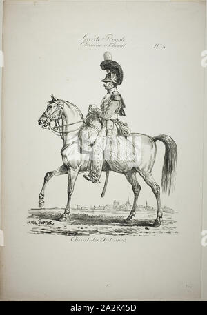 Royal Guard, Norman montiert Leichte Infanteristen und Pferd, Nr.4, C. 1818, Carle Vernet (Frankreich, 1758-1836), von Comte de Charles Philibert Lasteyrie du Saillant (Französisch, 1759-1849), Frankreich, Lithographie in Schwarz gedruckt auf Elfenbein webte Papier, 265 × 204 mm (Bild), 486 × 290 mm (Blatt Stockfoto