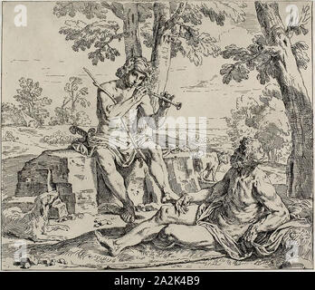 Merkur und Argus, 1642/48, Simone Cantarini, Italienisch, 1612-1648, Italien, Ätzung auf Creme Bütten, 257 x 299 mm Stockfoto