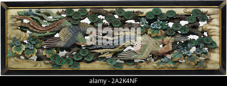 Zwei geschnitzte hölzerne Riegel (ramma) Panels vom Hooden, 1893, Takamura Koun, Japanisch, 1852-1934, Japan, Holz mit Polychromie, 92,7 × 278,8 × 20,3 cm (36 1/2 × 109 3/4 x 8 in.) (je) (appro × imate Stockfoto