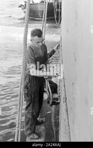 Die Männer des Fabrikschiffs "Jan Wellem" beim Reinigen der Bordwand, 1930er Jahre. Die Crew der Fabrik Schiff "Jan Wellem" Reinigung Das Schiff Wand, 1930er Jahre. Stockfoto