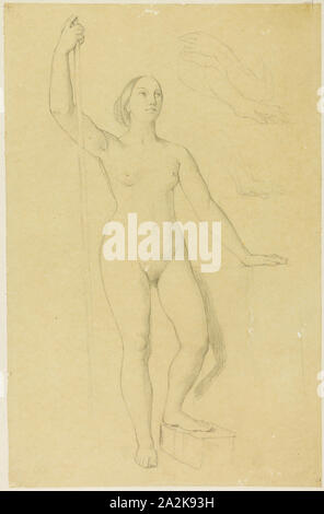 Studie für Jeanne d'Arc, und Skizzen der Hände, C. 1851, Jean Auguste Dominique Ingres-, Französisch, 1780 - 1867, Frankreich, Graphit auf Tan webte Pauspapier, festgelegt auf Off-white webte Papier, auf Creme board festgelegt, 447 × 291 mm. Stockfoto