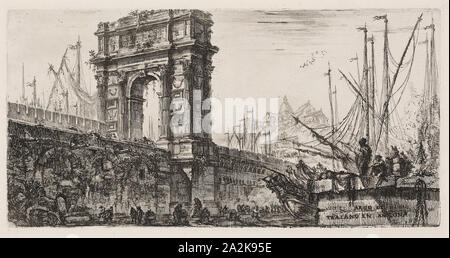 Arch von Trajan in Ancona, Platte 28 aus einigen Ansichten von Triumphbögen und anderen Sehenswürdigkeiten, 1748, Giovanni Battista Piranesi, Italienischer, 1720-1778, Italien, Ätzung auf Elfenbein Papier, 135 x 268 mm (Platte), 340 x 455 mm (Blatt festgelegt Stockfoto