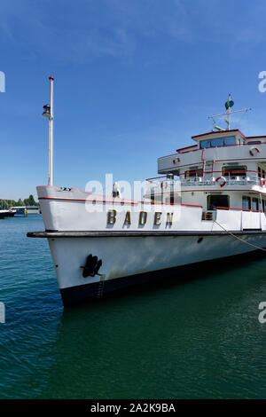 Friedrichshafen am Bodensee: Historische Passagierschaft Baden (Baujahr 1935) im Hafen, Landkreis Bodensee, Baden-Württemberg Stockfoto