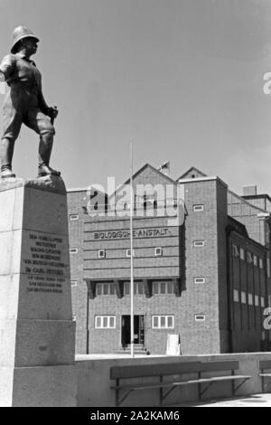 Biologische Anstalt Helgoland mit dem Denkmal für Dr. Carl Peters, Deutschland 1930er Jahre sterben. Biologischen Anstalt, Institut für biologische Forschung an der Insel Helgoland, Deutschland 1930. Stockfoto