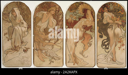 Die Jahreszeiten, 1897, Alphonse Marie Mucha, Tschechisch, 1860-1939, Tschechien, Farblithographie auf Papier, 150 x 430 mm (jedes Panel Stockfoto