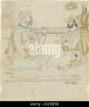 Zwei Rajput Adligen mit einem Kind, Ende des 18. Jahrhunderts, Indien, Rajasthan, Jaipur, Indien, Tinte, Farbe und Gold auf Papier, 13,8 x 12 cm (5 3/8 x 4 3/4 in Stockfoto