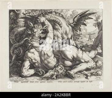 Der Drache frisst die Gefährten von Cadmus, 1588, Hendrick Goltzius (Niederländisch, 1558-1617), nach Cornelis Cornelisz. van Haarlem (Niederländisch, 1562-1638), Niederlande, Gravieren von Schwarz auf Elfenbein Papier, 240 x 317 mm (Bild), 251 x 321 (Platte), 302 x 373 mm (Blatt festgelegt Stockfoto