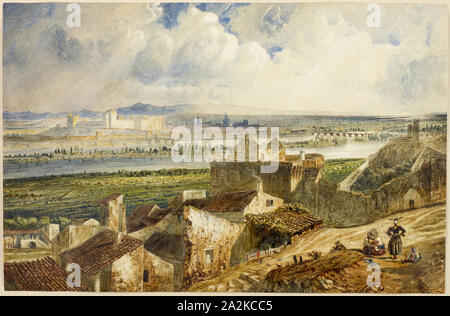 Anzeigen von Avignon (von Villeneuve les Avignon), 1823/69, Paul Huet, Französisch, 1803-1869, Frankreich, Aquarell, mit einem Hauch von Gouache- und Schaben, selektiv lackiert mit Gummi arabicum, über Spuren von Graphit, auf Elfenbein webte Papier, 315 x 483 mm Stockfoto