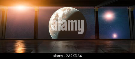 Raumstation - Blick auf einem Planeten aus einer Raumstation in der Umlaufbahn - 3D-Rendering Stockfoto