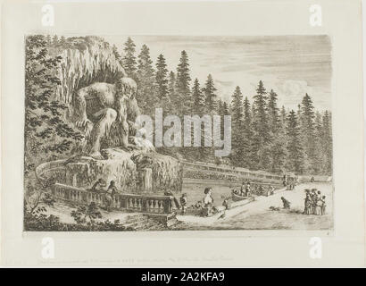 Die kolossale Statue des Apennin, von Ansichten der Villa di Pontassieve, C. 1653, Stefano Della Bella, Italienisch, 1610-1664, Italien, Radierung in Schwarz auf Elfenbein Bütten, 244 x 384 mm (Bild), 255 x 387 mm (Platte), 329 x 450 mm (Blatt Stockfoto