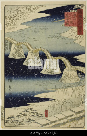 Brücke an iwakuni Kintai, Suo (Boshu) Provinz aus der Serie 100 berühmten Ansichten der verschiedenen Provinzen, 1859, Utagawa Hiroshige II (shigenobu), Japanisch, 1826 - 1869, Japan, Farbe holzschnitt, 34,8 x 22,9 cm (Papier), 33,3 x 22,1 cm (Block Stockfoto