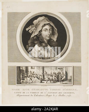 Marie Anne Charlotte Corday d'Armans, von Tableaux historiques de La Révolution francaise, Band III, 1793, Jean Duplessi-Bertaux (Französisch, 1747-1819), Charles Francois Gabriel Levachez (Französisch, aktive 1780-1820), Frankreich, Gravur und Dichtfläche Gravur auf Elfenbein China Papier mit Chine collé auf Elfenbein webte Papier, 178 × 177 mm (Bild), 249 × 209 mm (Blatt Stockfoto