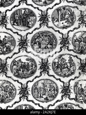 Bettdecke, 1780 s, gestochen von William Hogarth (Englisch, 1697 - 1764) nach Illustrationen von Samuel Butler (Englisch, 1612-1680), England, Baumwolle, in Leinwandbindung, Kupferstich gedruckt, scharfkantig und gesichert mit Baumwolle, in Leinwandbindung, gesteppt, zwei und eine halbe Platten, 251,3 × 172,8 cm (98 7/8 x 68 in Stockfoto
