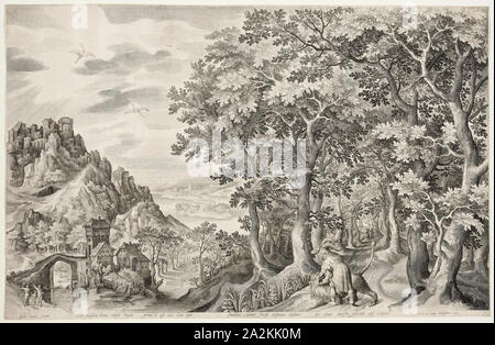 Samson Tötung der Löwe, 1603, Nicolaes de Bruyn (Flämisch, 1571-1656), nach Preti (Niederländischen, C. 1544-1607), Flandern, Gravur in Schwarz auf Elfenbein Bütten, 442 × 688 mm Stockfoto