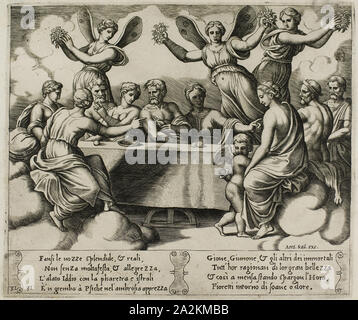 Die Götter feiern die Hochzeit von Psyche und Amor, 1530/40, Meister des Sterben (Italienisch, Aktive c. 1530-1560), nach Michiel coxcie ich (Flämisch, 1499-1592), die wiederum von Raffaello Sanzio inspiriert, namens Raphael (Italienisch, 1483-1520), Italien, Gravur in warmen Braun Tinte auf Creme Bütten, 200 x 235 mm (Platte), 270 x 370 mm (Blatt Stockfoto