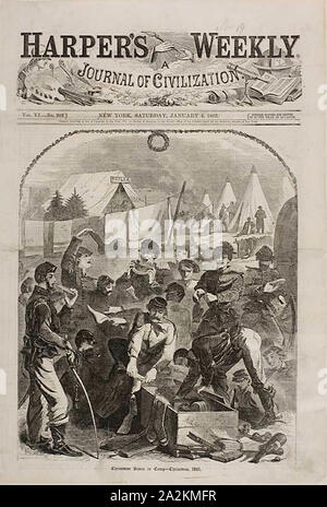 Weihnachten Boxen in Camp - Weihnachten 1861 veröffentlicht Im Januar 4, 1862, Winslow Homer (American, 1836-1910), das von Harper's Weekly (American, 1857-1916), United States, Holzstich auf Papier, 274 x 232 mm (Bild), 400 x 271 mm (Blatt veröffentlicht. Stockfoto