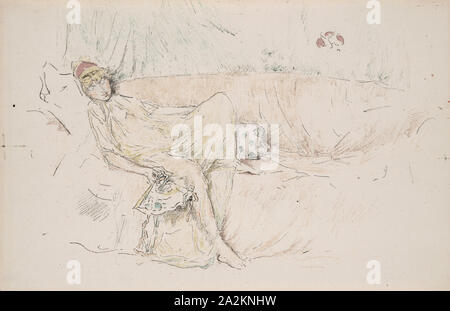 Drapierte Figur, liegend, 1892, James McNeill Whistler, Gedruckt von Henry Belfond, American, 1834-1903, Usa, Transfer Lithographie von fünf Steinen, in Schwarz. (Keystone), bläulich-grün, oliv, gelblich grün, gelb, violett-Braun, Ocker, orange-rot, Rose auf Elfenbein Papier, 180 x 258 mm (Bild), 187 x 288 mm (Blatt festgelegt Stockfoto