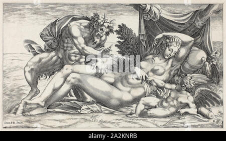 Jupiter und Antiope, 1550/59, René Boyvin (Französisch, C. 1525 - nach 1580), nachdem Luca Penni (Italienisch, 1500/04-2585), Frankreich, Gravur auf Elfenbein Bütten, Elfenbein Bütten montiert, 162 × 286 mm (Bild), 166 × 288 mm (Blatt), 252 × 367 mm (sekundäre Unterstützung Stockfoto