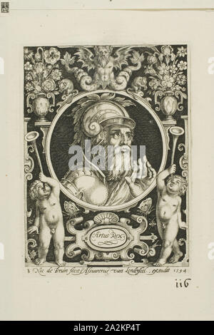 König Arthur, Platte acht von neun Glaubenshelden, 1594, Nicolaes de Bruyn (Flämisch, 1571-1656), durch Assuerus van Londerseel (Flämisch, 1572-1635), Flandern, Gravur in schwarz Veröffentlicht am Creme Bütten, 117,5 × 86,5 mm (Bild), 124 × 91 mm (Platte), 175 × 143 mm (Blatt Stockfoto