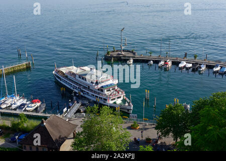 Hafen von Meersburg am Bodensee, Bodenseerat, Baden-Württemberg, Deutschland Stockfoto