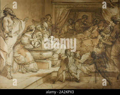 Geburt der Jungfrau, C. 1784, Giuseppe Cades, Italienisch, 1750-1799, Italien, Pen und Braun mit Feder und Tinte braun Waschen, über Spuren von Graphit, verstärkt mit weißem Gouache (verfärbt), auf Elfenbein Bütten, 420 x 560 mm Stockfoto